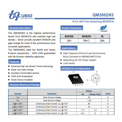 QM3002N3 Mosfet 30V 28A N-Channel Mosfet