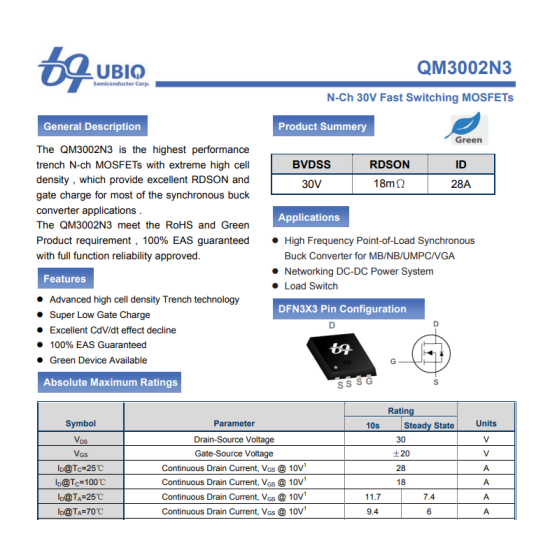 QM3002N3 Mosfet 30V 28A N-Channel Mosfet