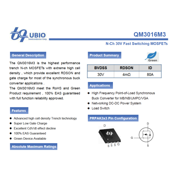 M3016M QM3016M3 Mosfet 30V 80A N-Channel Mosfet