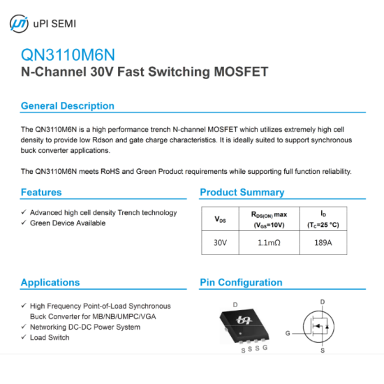 QN3110M6N QN3110 Mosfet 30V 189A N-Channel Mosfet