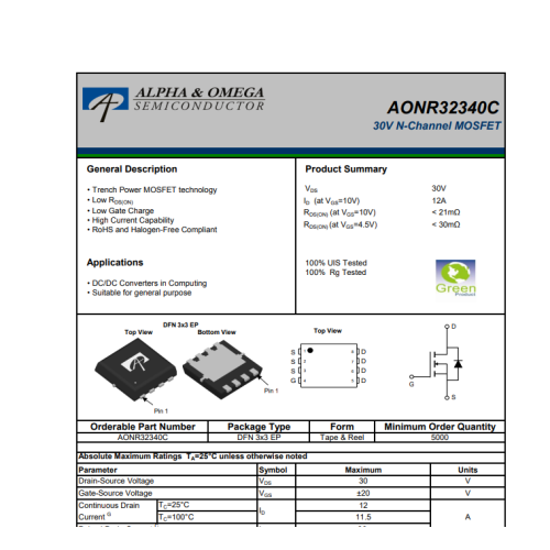 AONR32340C 32340C 30V 12A  N-Channel Mosfet