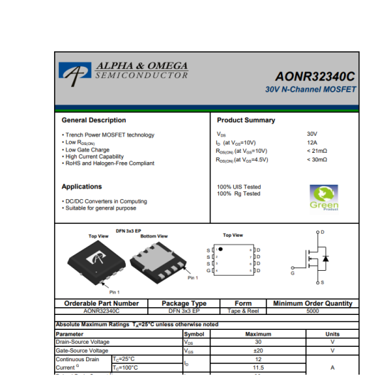AONR32340C 32340C 30V 12A  N-Channel Mosfet