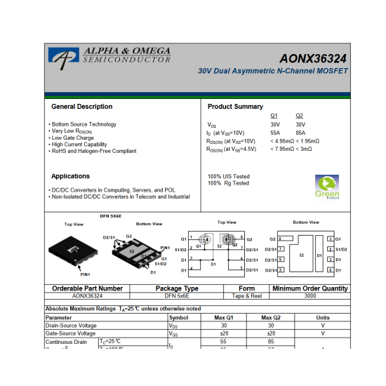 AONY36324 36324 Dual Asymmetric 30V 85A N-Channel Mosfet