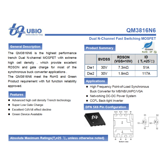 M3816N QM3816N Mosfet 30V 51A / 117A Dual N-Channel Mosfet