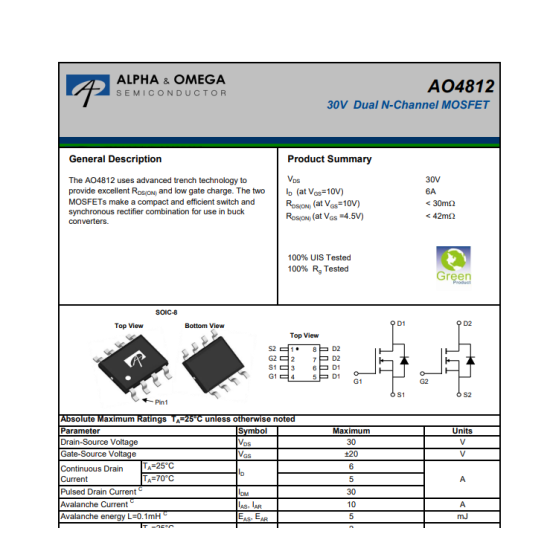 AO4812 Mosfet 30V 6A Dual N-Channel Mosfet