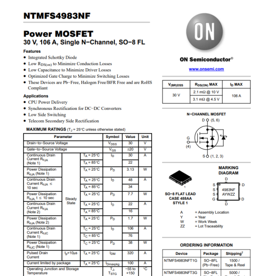 4983NF NTMFS4983NF Mosfet 30V 106A N-Channel Mosfet