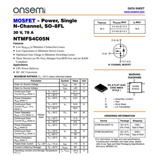 NTMFS4C05N 4C05N 30V 78 Amper N-Kanal Mosfet