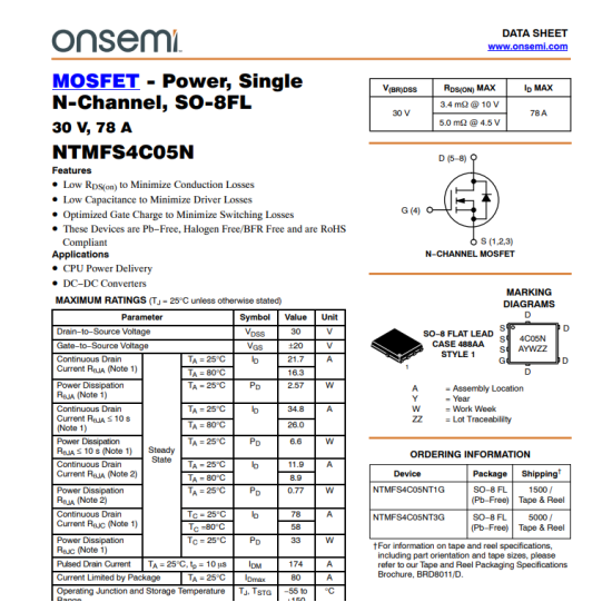 NTMFS4C05N 4C05N 30V 78 Amper N-Kanal Mosfet