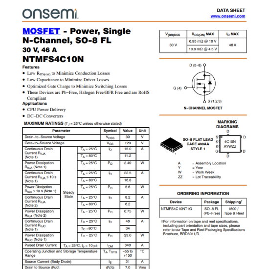 4C10N NTMFS4C10N 30V 46A N-Channel Mosfet