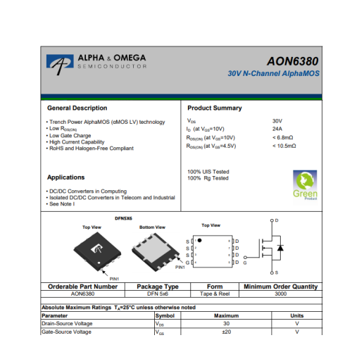 AON6380 Mosfet 30V 24A N-Channel Mosfet