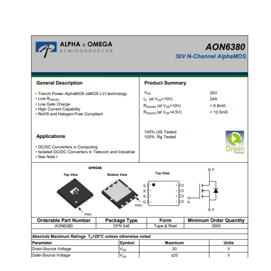 AON6380 Mosfet 30V 24A N-Channel Mosfet