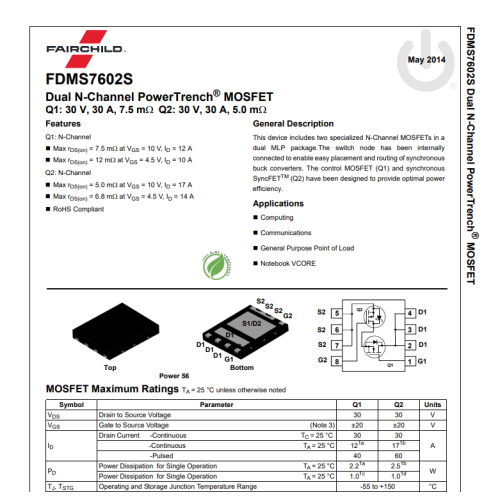 FDMS7602S Mosfet 30V 30A Dual N-Channel Mosfet