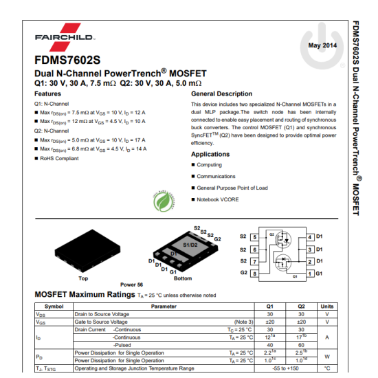 FDMS7602S Mosfet 30V 30A Dual N-Channel Mosfet