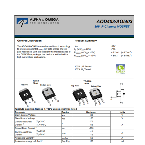 AOD403 D403 Mosfet 30V 70A P-Channel Mosfet