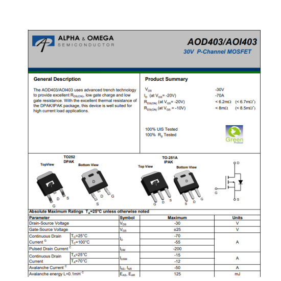AOD403 D403 Mosfet 30V 70A P-Channel Mosfet