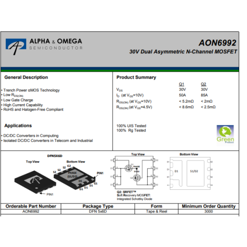 AON6992 30V 85 Amper Dual  N-Kanal Mosfet