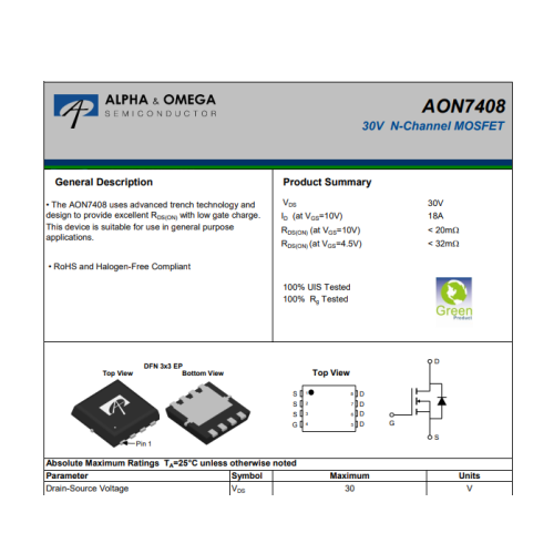 AON7408 N-Channel 30V 18 Amper Mosfet