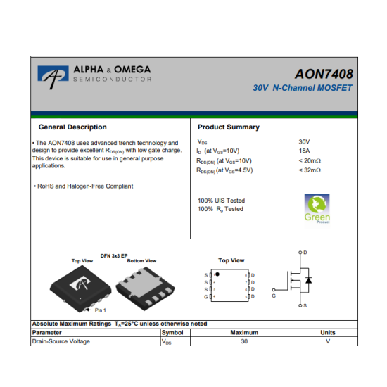 AON7408 N-Channel 30V 18 Amper Mosfet