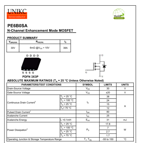 PE6B0SA Mosfet  J5 VUD J5 Mosfet N-Channel 30V 38A Mosfet