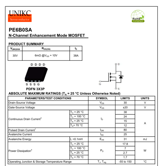 PE6B0SA Mosfet  J5 VUD J5 Mosfet N-Channel 30V 38A Mosfet