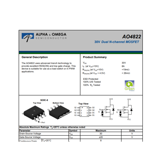 AO4822 Mosfet 30V 8A Dual N-Kanal Mosfet