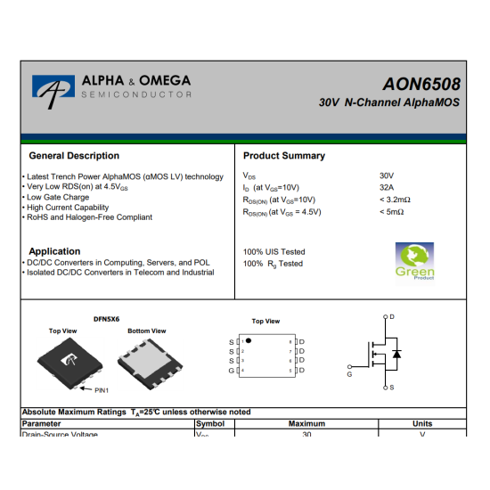 AON6508 AO6508 Mosfet 30V 32A N-Channel  AlphaMos Mosfet