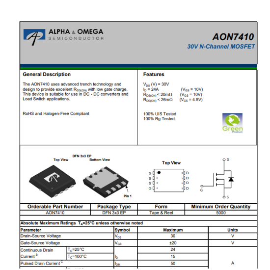 AON7410 Mosfet 30V 24A N-Channel Mosfet