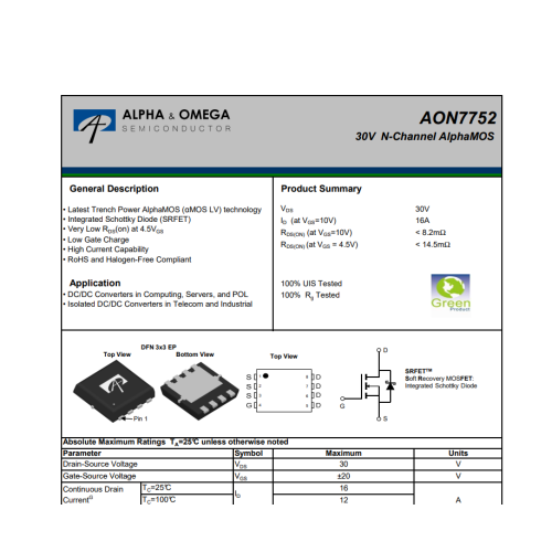AON7752 Mosfet 30V 16A N-Channel Mosfet