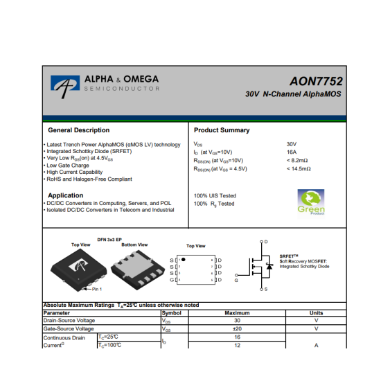 AON7752 Mosfet 30V 16A N-Channel Mosfet