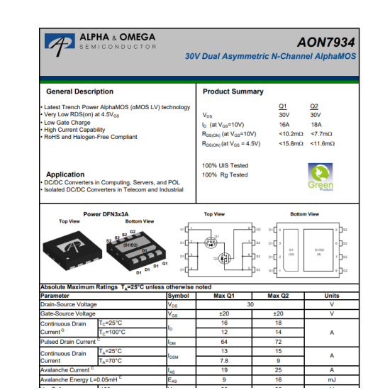 AON7934 B09A03 Uyumlu Mosfet Dual N-Channel 30V 18A Mosfet
