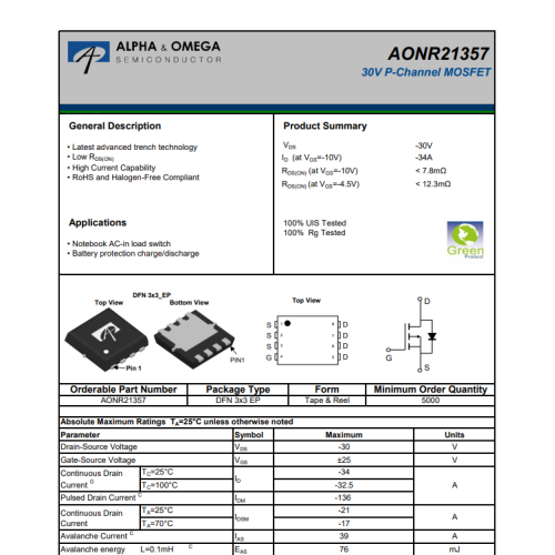 AONR21357 21357 30V 34A P-Channel Mosfet DFN3x3