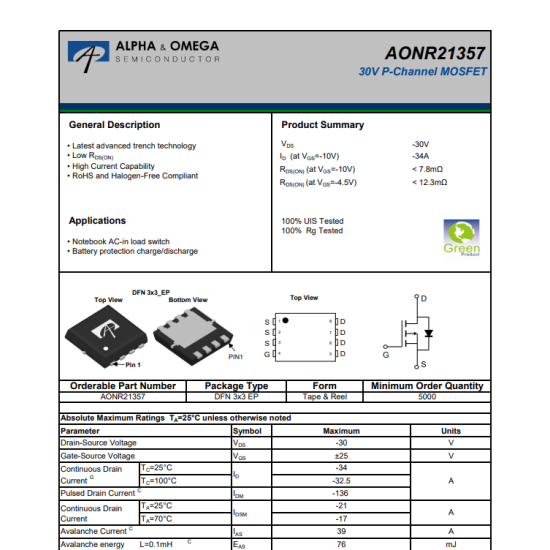 AONR21357 21357 30V 34A P-Channel Mosfet DFN3x3