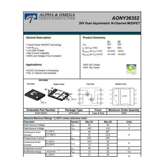 AONY36352 36352 Dual N-Channel 49A/85A Mosfet  DFN5X6D