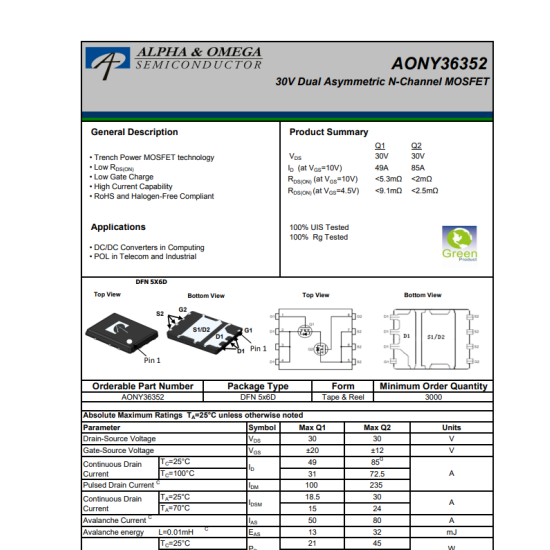 AONY36352 36352 Dual N-Channel 49A/85A Mosfet  DFN5X6D