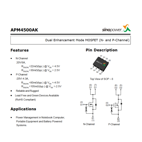 APM4500A Mosfet Dual N- and P- Channel 20V 8A Mosfet