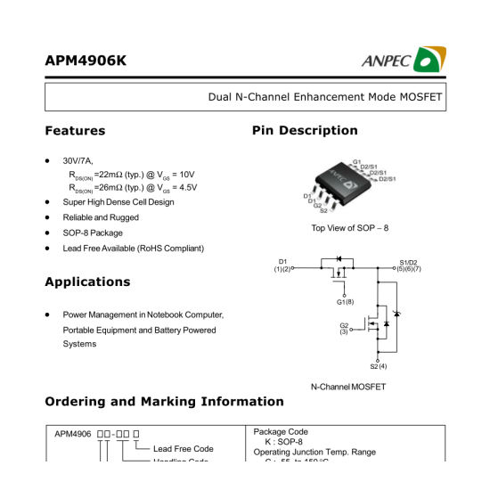 APM4906 Mosfet 30V 7A Dual N-Channel Mosfet