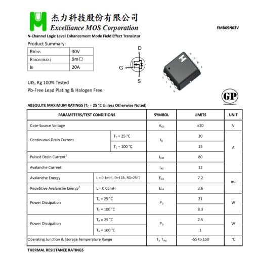 EMB09N03V B09N03 N-Channel 44A Mosfet