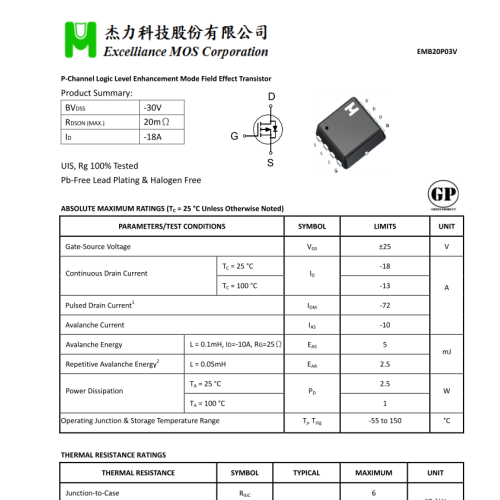 EMB20P03V 20P03 B20P03 P-Channel 30V 18A Mosfet