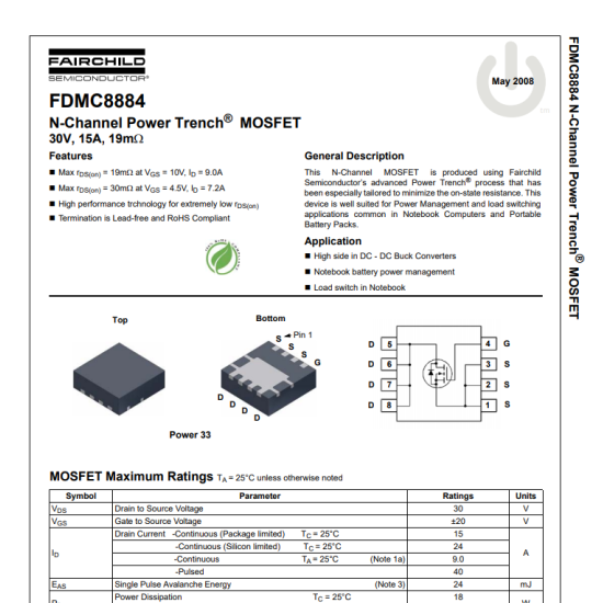 FDMC8884 Mosfet 30V 15A N-Channel PowerTrench Mosfet