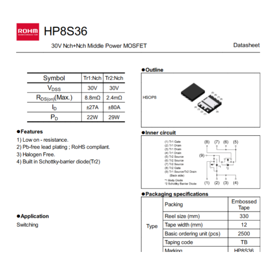 HP8S36 30V 80A Dual N-Channel Nch+Nch Middle Power MOSFET