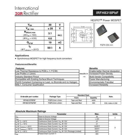 IRFH8318 N-Channel 30V 120A Hexfet Power Mosfet