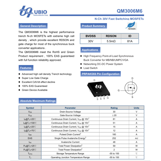 M3966M QM3966M6 M3966 30V 81A N-Channel Mosfet