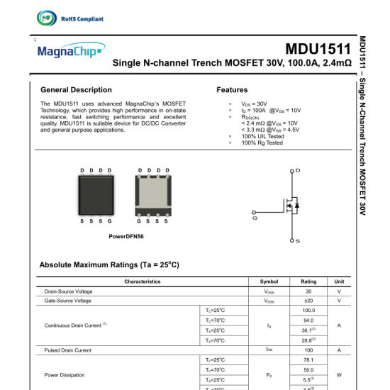 MDU1511 N-Channel 30V 100A Trench Mosfet