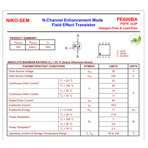 PE600BA F1 Mosfet 30V 32A N-Channel Mosfet PDFN3X3
