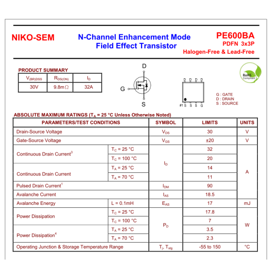 PE600BA F1 Mosfet 30V 32A N-Channel Mosfet PDFN3X3