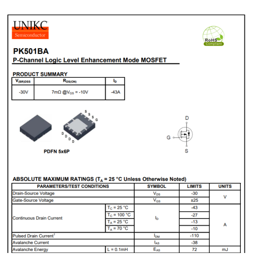 PK501BA Mosfet 30V 43A P-Channel Mosfet