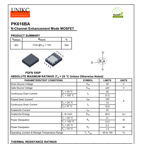 PK616BA 30V 50A  N-Channel Mosfet