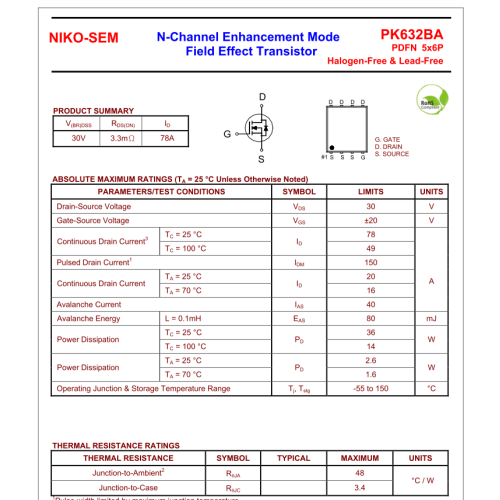 PK632BA 30V N-Channe 30V 78Al Enhancement Mode PDFN5x6D Mosfet