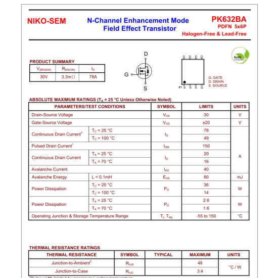 PK632BA 30V N-Channe 30V 78Al Enhancement Mode PDFN5x6D Mosfet