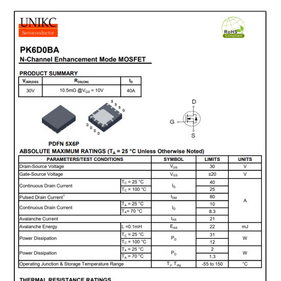 PK6D0BA Mosfet 30V 40A N-Channel Mosfet PDFN5x6D